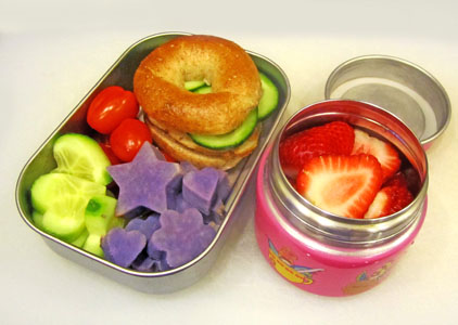 Day 1 of Healthy Litterless Lunches: Mini Bagel Sandwich with Veggie Shapes Day 1 of Healthy Litterless Lunches: Mini Bagel Sandwich with Veggie Shapes